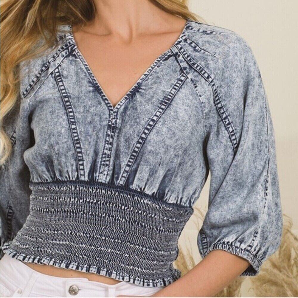NEW Zenana Acid Wash Smocked Waist Puff Sleeve Denim Style Crop Top Modern Boho‎ - Picture 8 of 16